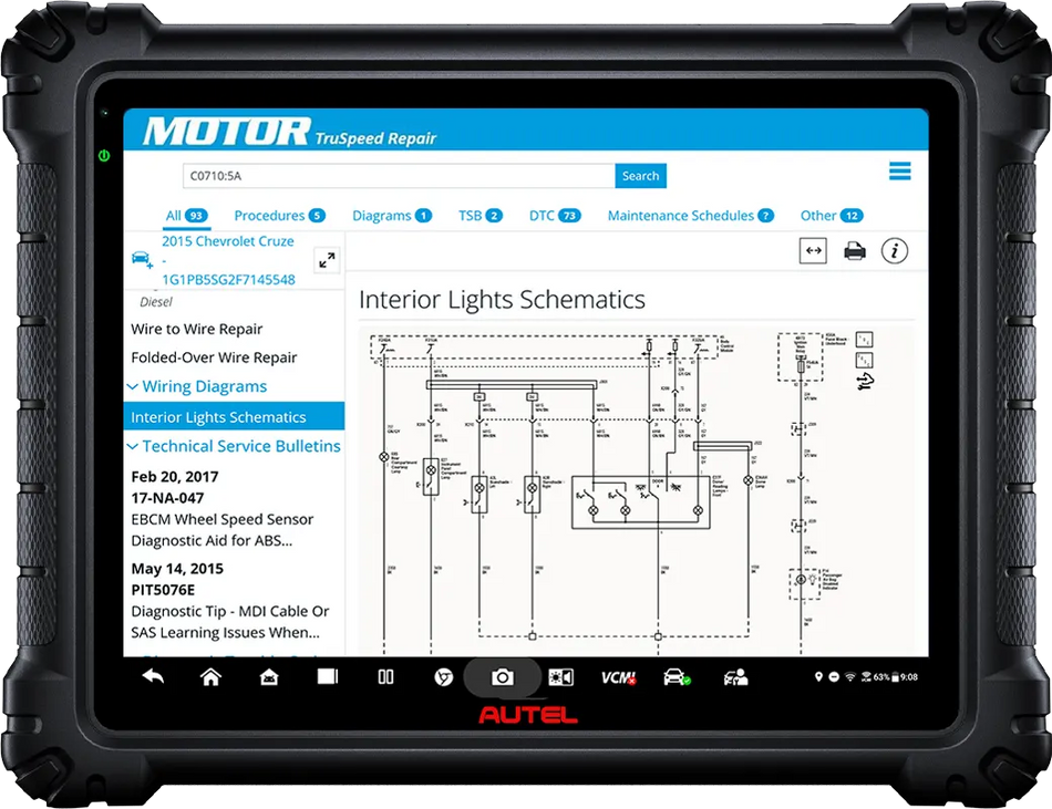 Virtual MOTOR TruSpeed Repair running on Autel tablet